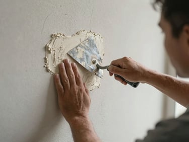 Close-up of a worker's hands applying plaster to a wall surface during residential renovation, natural site lighting, trowel visible, authentic work-in-progress texture