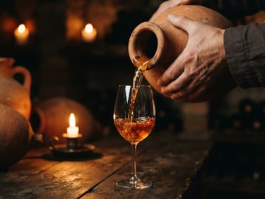 Intimate close-up of amber wine being poured from a traditional clay kvevri vessel into a modern glass, warm candle-lit shadows, rich terracotta tones, soft depth of field, 35mm film