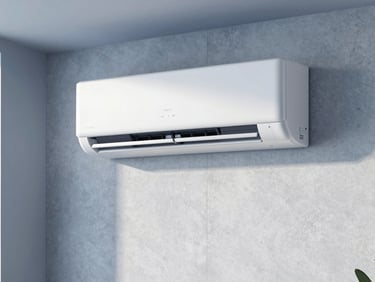 Crisp editorial photography of a modern minimalist living room with a sleek white split-system air conditioner flush-mounted on a concrete wall, bright natural daylight, cool blue tones, 35mm