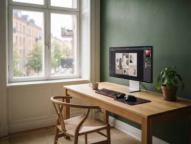 Quiet, minimalist Stockholm workspace with soft north-facing daylight filtering through a large window, a clean oak table with a high-end monitor showing a design layout, muted forest green tones.