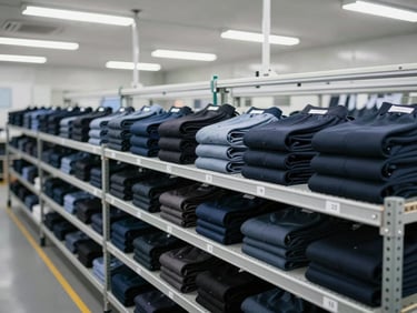 Wide shot of a garment pressing and finishing station — rows of finished formal trousers folded and stacked by size on a metal shelving unit, bright even overhead fluorescent factory lighting, numbered size labels visible, no people, clean industrial environment