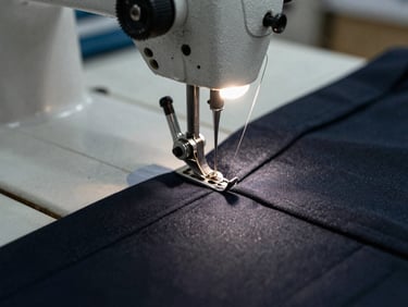 Extreme close-up of an industrial sewing machine needle stitching the inseam of a dark formal trouser, thread tension visible, bright overhead factory lighting, no hands visible, documentary textile manufacturing style