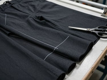 Close-up overhead shot of industrial fabric cutting on a factory floor — multiple plies of dark charcoal formal trouser fabric stacked and marked with chalk lines, industrial scissors resting on the edge, bright even fluorescent lighting, no people, sharp weave detail visible