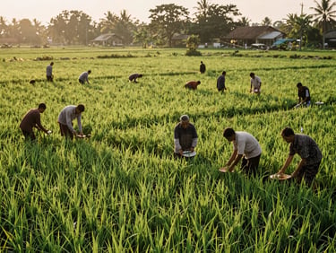 Dokumentasi hangat petani Jawa Barat bergotong royong di sawah hijau subur, cahaya matahari sore keemasan, estetika film 35mm