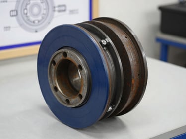 Close-up of a heavy-duty truck brake drum assembly on a clean workshop table, technical schematic visible in the background, sharp focus