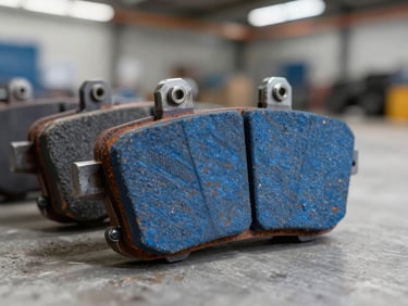 Macro shot of heavy-duty truck brake pads and calipers, clean warehouse setting, industrial lighting, sharp focus