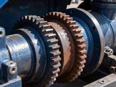 Close-up of heavy-duty truck transmission gears, metallic surfaces, dramatic workshop lighting