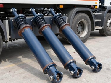 Heavy-duty truck air suspension bellows and shock absorbers, clean industrial photography