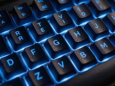 Extreme close-up of a high-end mechanical keyboard illuminated by electric blue rim light, code lines softly reflected on dark glass, sharp focus, cinematic composition.