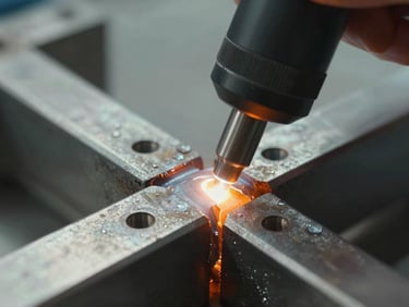 Extreme close-up of a steel weld joint being scanned with an ultrasonic non-destructive testing probe, sharp orange light reflecting off the metallic texture.