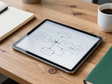 Close-up of a rustic wooden desk with a modern tablet displaying operational flowcharts, notebook, and a coffee cup, bright natural daylight