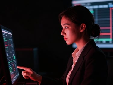 Cinematic side profile of a female financial director reviewing data on a dark screen, crimson light reflecting on her face
