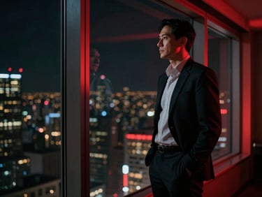 Cinematic wide shot of a CEO standing by a high-rise window overlooking a dark city at night, dramatic low-key lighting, red neon glow