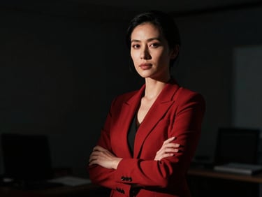 Dramatic chiaroscuro portrait of a female corporate leader, confident stance, shadow casting across one side of her face, dark professional setting.