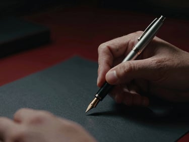 Close-up of hands holding a premium fountain pen over dark paper, dramatic low-key chiaroscuro lighting