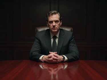 Cinematic portrait of an executive negotiator in a dark boardroom, low-key chiaroscuro lighting, subtle crimson reflection on polished wood
