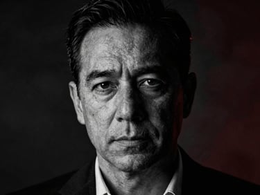 High-contrast black and white portrait of a mature male executive, sharp jawline, intense gaze, dark textured background, low-key lighting.