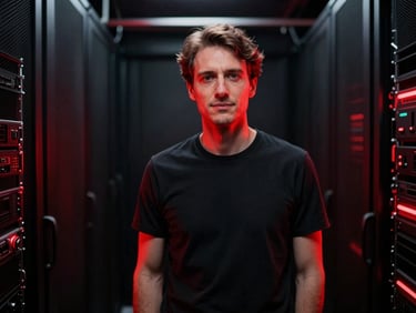 Cinematic portrait of a tech founder in a dark server room, dramatic red rim lighting, 35mm film