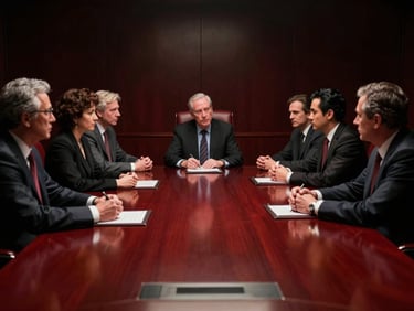 Cinematic wide shot of a dark executive boardroom, dramatic low-key chiaroscuro lighting, a group of diverse business leaders in deep discussion, sharp rim lighting, rich crimson accents, 35mm film.