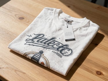Flat lay of a vintage graphic t-shirt and streetwear apparel on a clean wood surface, bright daylight, clear tag detail.