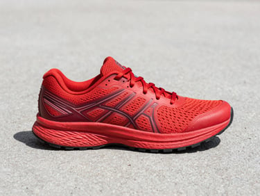 Side-profile shot of a clean red running shoe on a light grey concrete surface, bright neutral daylight, showing clear sole texture