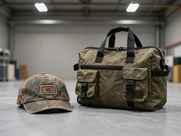A pre-owned streetwear cap and utility bag arranged neatly on a grey background, bright neutral overhead warehouse lighting.