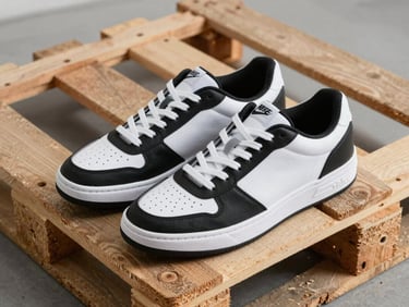 Flat lay of classic black and white streetwear sneakers on a wooden warehouse pallet, bright overhead light, showing clean laces and stitching