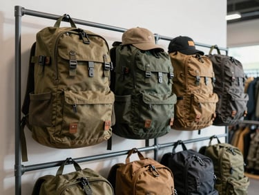 Bright daylight shot of pre-owned utility backpacks and caps displayed on a minimalist metal rack, warehouse aesthetic.