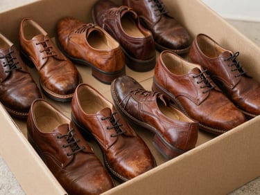 Group shot of casual brown leather shoes neatly arranged in a cardboard box, bright neutral lighting, showing authentic wear on heels