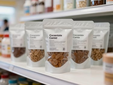 Close-up of concentrate product packaging on a clean white retail counter, straight-on framing, bright natural light, clear state-compliance labeling visible, no styling props