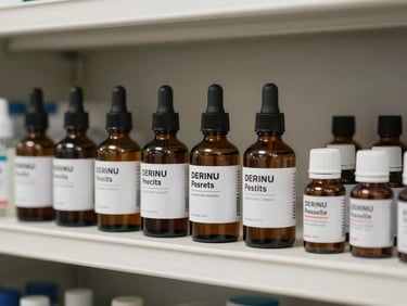 Row of tincture bottles and topical product containers on a clean dispensary shelf, natural light from the side, straight-on framing, labels clearly readable, no props or styling