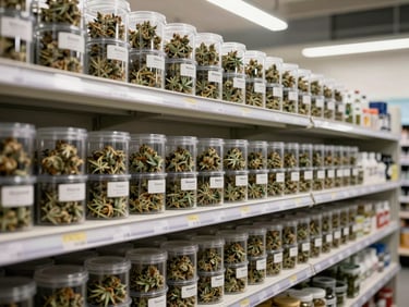 Wide interior retail shelf at daylight, organized rows of labeled cannabis flower containers in clear clinical packaging, bright overhead lighting, no people in frame
