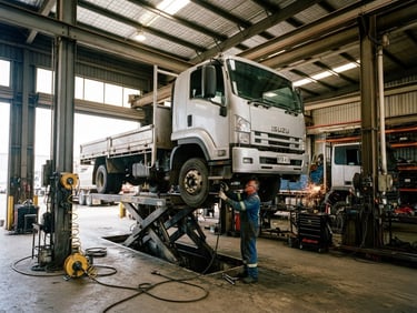 Wide-angle environmental shot of a commercial 3-ton truck inside an active high-clearance service bay, bright workshop lighting, metallic textures, 35mm