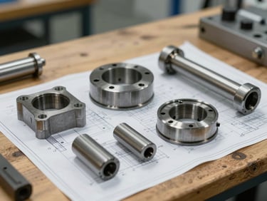 Close-up of raw metal components and technical blueprints on a wooden workbench in a manufacturing plant, soft overhead lighting.