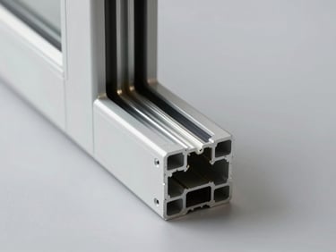 Studio close-up of an aluminium sliding door frame cross-section on a pale grey surface, even soft illumination showing the recessed track channel and dual thermal break, architectural documentation style