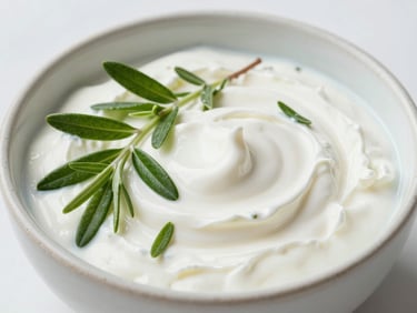 Macro shot of fresh green Mediterranean herbs and Greek yogurt in a simple ceramic bowl, bright natural morning light, clean clinical aesthetic