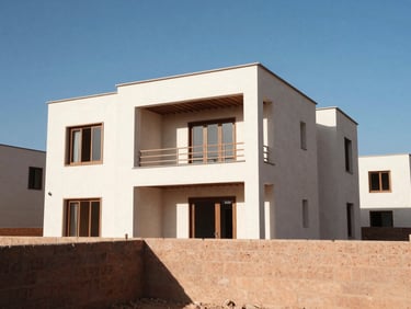 Construction of a modern villa in Morocco, under bright sunlight, with visible architectural lines and sharp shadows, 35mm
