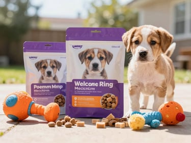 Curated welcome kit for a new puppy, including premium food, a stylish toy, and healthy treats, bright natural daylight, warm cheerful undertones, shallow depth of field, 35mm