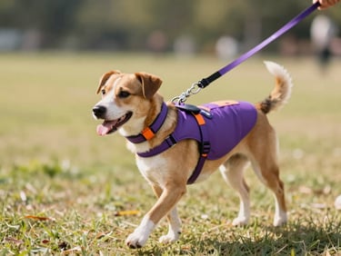 Stylish dog wearing a modern collar and leash, walking in a park, warm natural daylight, shallow depth of field, 35mm