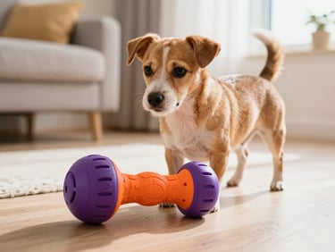 Playful dog with a modern, durable pet toy, bright living room setting, warm natural daylight, shallow depth of field, 35mm