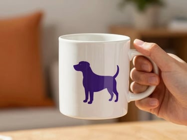 Person holding a coffee mug with a dog silhouette, cozy home setting, warm natural daylight, shallow depth of field, 35mm