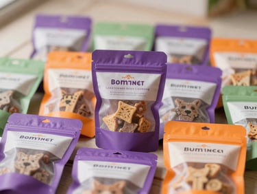 Assortment of natural pet treats, colorful packaging, warm natural daylight, shallow depth of field, 35mm