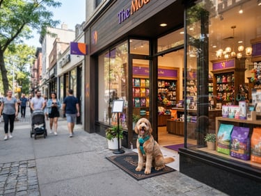 Vista exterior de una moderna boutique de mascotas en una calle animada, con grandes ventanales que muestran productos premium y un perro feliz en la entrada. Luz natural brillante, acentos vibrantes morados y naranjas, poca profundidad de campo, 35mm.