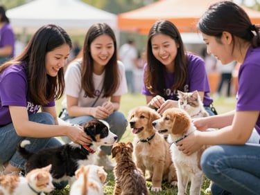 Happy pet owners interacting with puppies and kittens at a PET ONE adoption event, bright natural daylight, warm cheerful undertones, shallow depth of field, 35mm