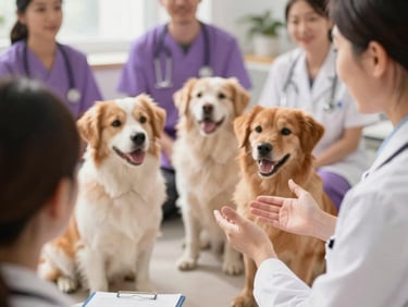 Close-up of a veterinarian or nutritionist giving a talk to pet owners, with happy dogs and cats listening attentively, bright natural daylight, warm cheerful undertones, shallow depth of field, 35mm