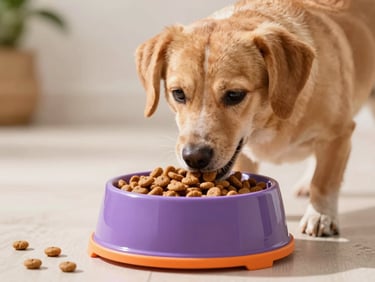Happy dog eating from a stylish bowl, premium kibble, warm natural daylight, shallow depth of field, 35mm
