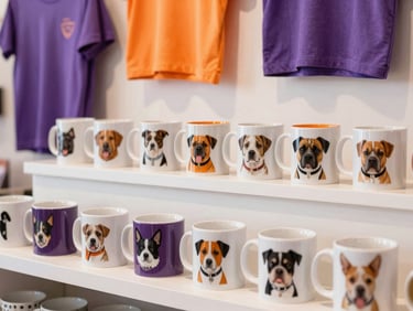 Curated display of pet-themed mugs and t-shirts in a boutique setting, warm lighting, clean background.