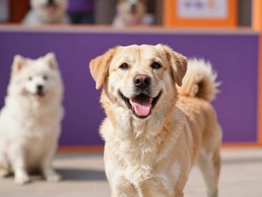A professional photographer taking a portrait of a happy dog in a playful setting at PET ONE, bright natural daylight, warm cheerful undertones, shallow depth of field, 35mm