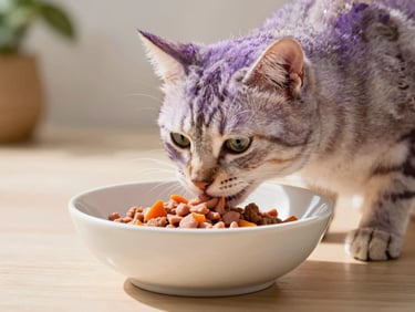 Elegant cat eating from a modern ceramic bowl, wet food, warm natural daylight, shallow depth of field, 35mm