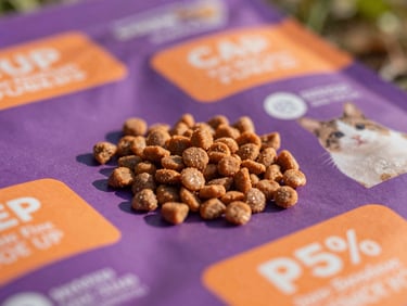 Close-up of premium, colorful pet food packaging, natural daylight, shallow depth of field, vibrant purple and orange accents.